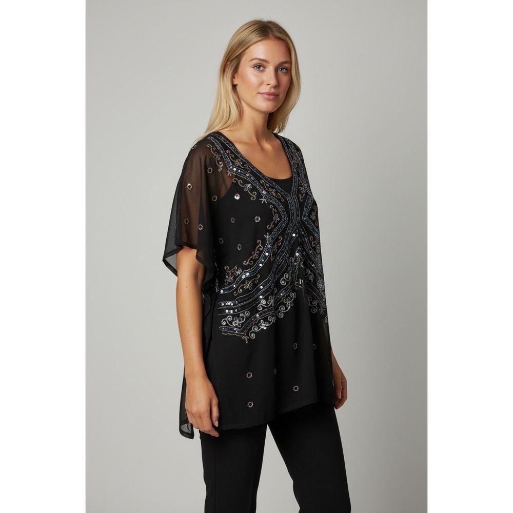 MXM Black Plus Size‎ 2X Embellished Sheer Kaftan Tunic Top Cover Up